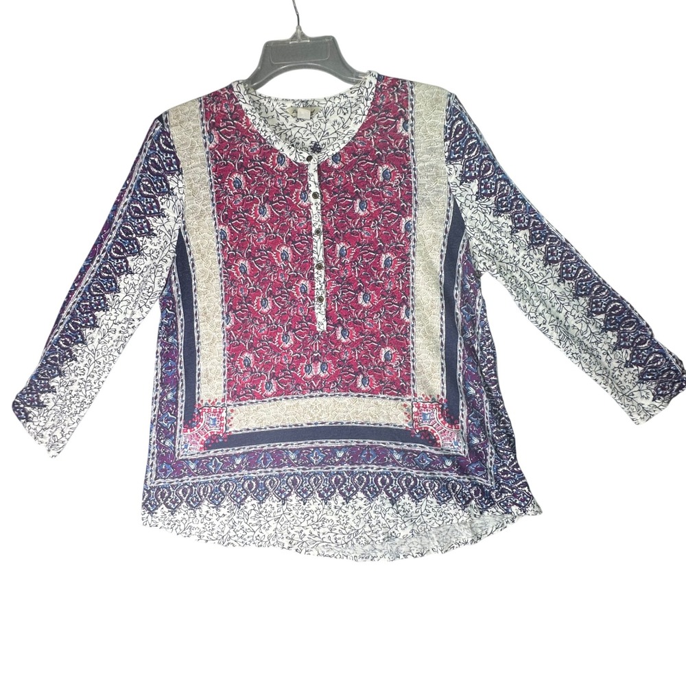 Lucky Brand Paisley Floral Henley Top Boho Peasant Mixed Print Small Pink Blue